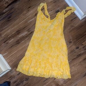 Yellow lace ruffle mini dress floral flower